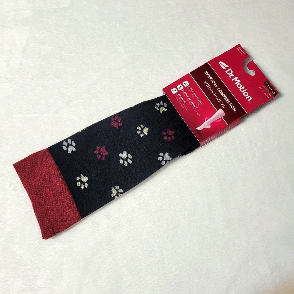 Dr Motion Paw Print Mild Compression Everyday Knee Socks Size 9-11 Shoe 4-10 New